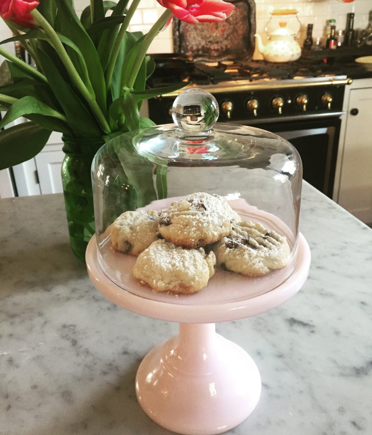 A pink platter of shortbread cookies