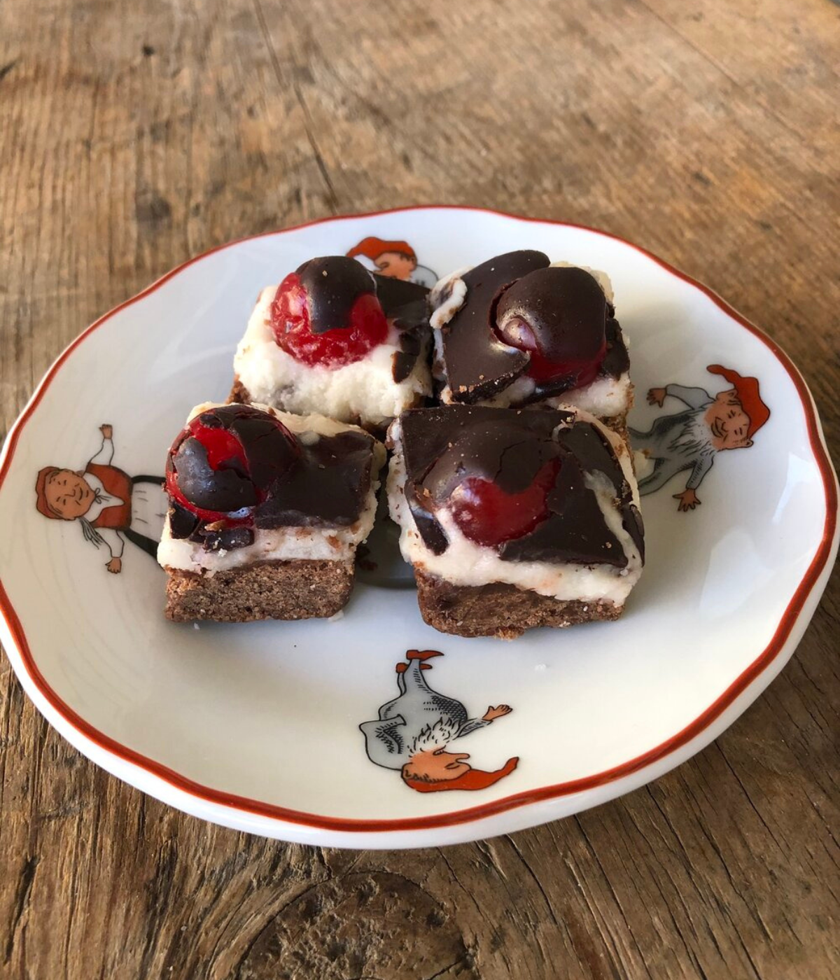 chocolate covered cherry bars on a plate