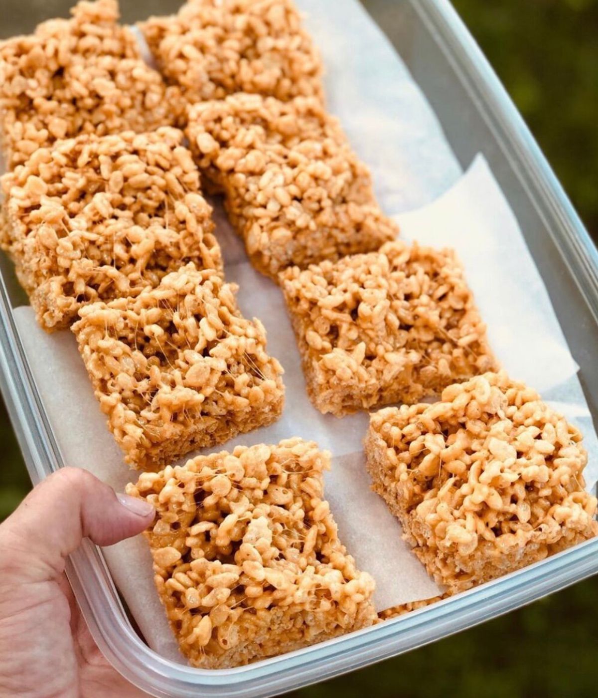 Carol's rice krispie bars cut into squares in a tupperware dish