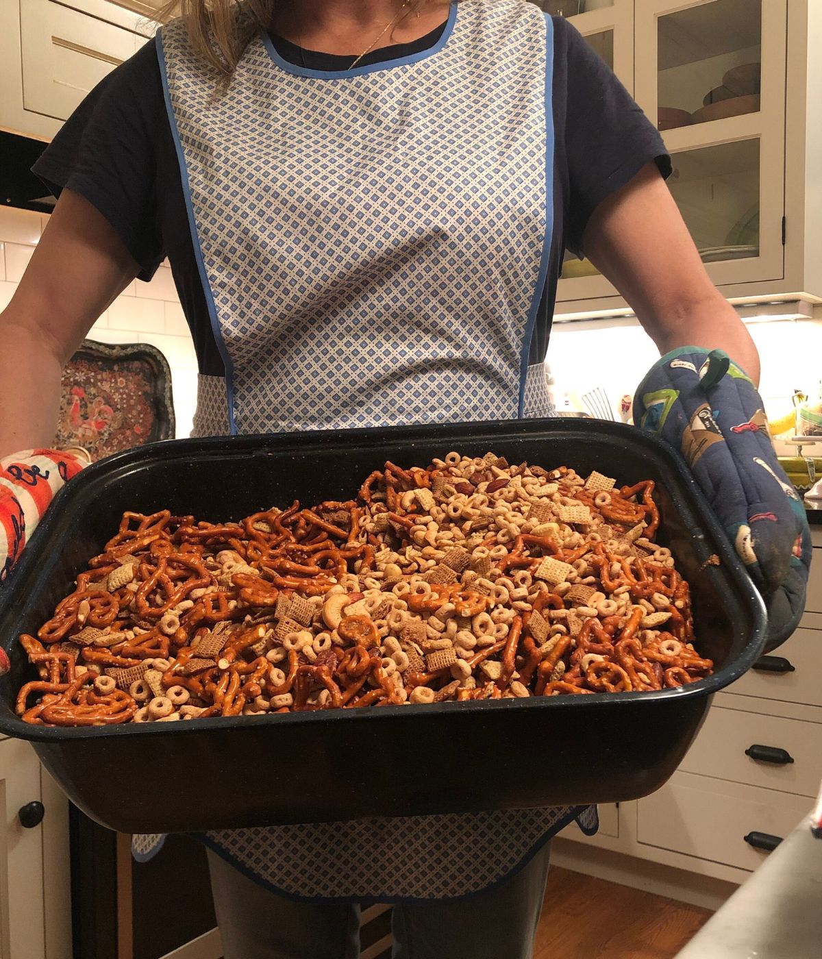 A large pan of chex party mix