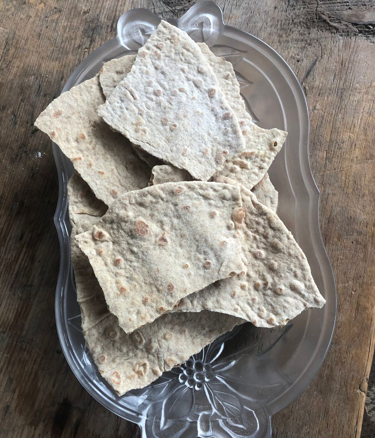 Norwegian flatbread on a glass serving tray