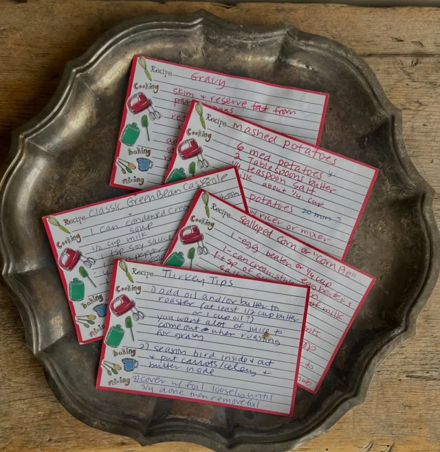 It’s go time! Today I’m leaning on these tried and true recipes I wrote out on their own special recipe cards many years ago. I love pulling them out each Thanksgiving to guide me through the day!🧡 

Feeling extra grateful for this dish & tell community. May your table be full and your day filled with recipes from the heart. 🧡 Happy Thanksgiving! 🦃